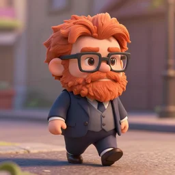 bearded ginger man with glasses as nendoroid, wearing a suit, walking on a street in the croods movie style, anime, disney, pixar, 8 k, hd, dof, kodak film, volumetric lighting, subsurface scattering, photorealistic, octane render, details