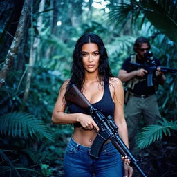 film still of kim kardashian, jungle, gunner, apocalypse now, associated press, 2 6 mm, kodak ektachrome, blue tint expired film.