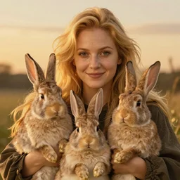 a beautiful portrait of a family of bunnies with long golden blond hair gazing warmly at the viewer, golden hour, by J.C Leyendecker and Peter Paul Rubens