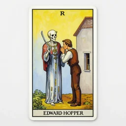 tarot card large shot painting of the death and a gentleman kissing in a hispanic town by edward hopper