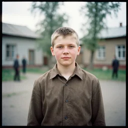 a lomographic portrait photo of soviet boy in soviet yard in small town, bokeh