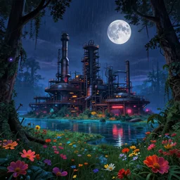 industrial architecture by john howe, fantasy hyperrealism nightsky flowers at dawn thermal vision reclaimed by nature retrowave water landscape forest lightpaint sea rainforest moon junglepunk elysian at dusk assassin's creed sci - fi darkacademia neon signs nightvision wilderness meadow, archdaily, wallpaper, highly detailed, trending on artstation.