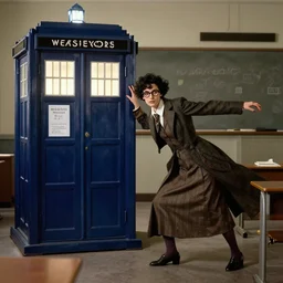 rgb, thin, woman, model, next to the tardis, short black curly hair, professor clothes, nerdy, in a classroom, shy, amazing composition & dynamic posing, by franz xavier leyendecker, wlop! muted colors, highly detailed, fantasy art by craig mullins, thomas kinkade cfg _ scale 9