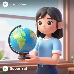 a girl holding a globe in her hand while standing in front of a window, a screenshot by mac conner, featured on dribble, superflat, 3 d, contest winner, 8 k 3 d