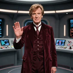 Tom Baker as as the Doctor in burgundy costume in the Tardis secondary control room