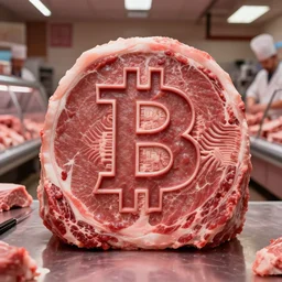 bitcoin logo carved out from raw meat on butchery floor, photographic realistic background, by atey ghailan, by greg rutkowski, by greg tocchini, by james gilleard, by joe fenton, by kaethe butcher, trending on instagram, award winning details