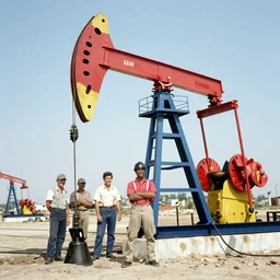 color photo. pumping oil in the 6 0's. happy constrution people. 💦 oil