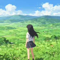 an Anime Background Photo of a Valley with green plains and blue sky, with an anime girl standing in the foreground