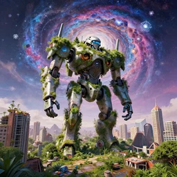 A giant robot in city ruins overtaken by vegetation, Little planet, An Odyssey Beyond Reality, cinematic, hyper realism, high detail, octane render, unreal engine, 8k, vibrant color, from the spirals of galaxies to the hexagonal shapes of snow crystals!, a desolate alien world full of rich colors, unique architecture, by andrea chiampo and chet zar