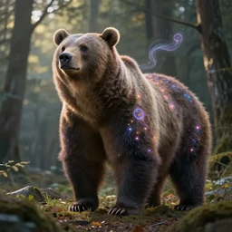 magical shapeshifting large bear with glowing magical marks and wisps of magic, forest in background, early morning light, painted by greg rutkowski
