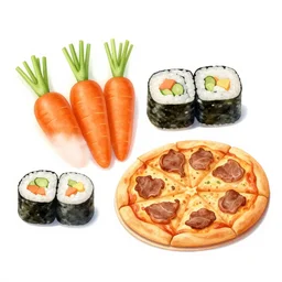 Carrots + Sushi + Pizza + Beef