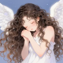 pawing at this soft unconscious, the world is dying, angel numbers, angelic lighting, long voluminous curly haired girl, cute, in the style of takahashi