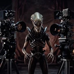 a wide angle movie still from alien ( 1 9 7 9 ) by ridley scott showing an alien looking at camera | sci - fi and supernatural horror | uneasy and uncanny atmosphere | shot on celluloid with panavision cameras | panavision lenses | 3 5 mm film negative width | anamorphic projection format | critically acclaimed | oscar winning practical effects