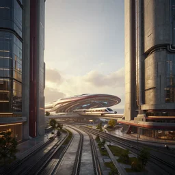 futuristic city center with maglev train station in background, modern landscape architectural design for industrialpunk concrete and glass, maroon metallic accents, gorgeous lighting, golden hour, cyberpunk, 2077, dramatic lighting and composition, photography, 8k, origin 100i, star citizen