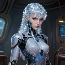 intense demeanor. close portrait. ship interior bg. screenshot of a scene in metroid zero of pretty beautiful lithe feminine cybernetic lady painted by norman rockwell. character designed by hideaki anno. bodysuit. lustrous crystalline hair. digital. lighting by james gurney. trending on artstation. masterpiece. artgerm mucha rutkowski.