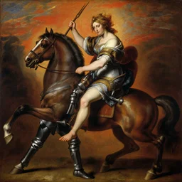 baroque oil painting of female orc grabbing a young knight on horseback d & d, caravvagio, vibrant, high contrast