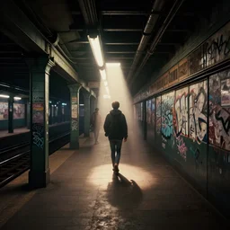 3 d scene of a dimly lit urban nyc subway station with graffiti, heavenly light, 3 d, very detailed, octane render, trending artstation, artgem, cgisociety