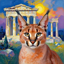 close portrait of cute fluffy caracal, with ancient greek city with marble columns temple. sun through the clouds, vivid iridescent colors. agnes pelton, egon schiele, munch, henri de toulouse - lautrec, utamaro, monet
