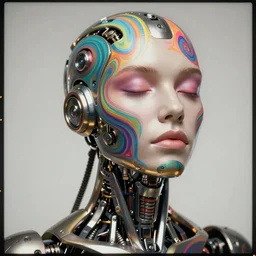 a hyperrealistic fine art portrait photo of a mechanical industrial alloy cybernetic human with psychedelic colorful body paint, by brad kunkle, maarten schröder and tom bagshaw, smooth shapes and lines, vignette, 35mm lens, golden ratio composition, studio photography, closed eyes, very detailed, artstation, 8K, highly coherent