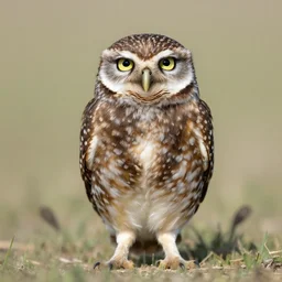 a picture of a burrowing owl sitting with his legs splayed out to the sides