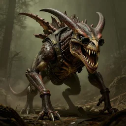 a fallout new vegas deathclaw!! wearing sunglasses!!, grim lighting, national geographic, award winning, dieselpunk, concept art, artstation, stephen bliss, unreal engine, game screenshot