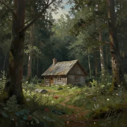 a painting of single cottage in the woods and empty woods, 8k, fantasy, hyper realistic, atmospheric, cinematic