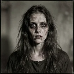 portrait of a criminally insane young woman possessed by demons, unkempt, wrinkled, gaunt, deep lines and shadows, highly disturbing, sanitarium archive photograph