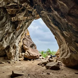 a photograph from inside a cave looking outside