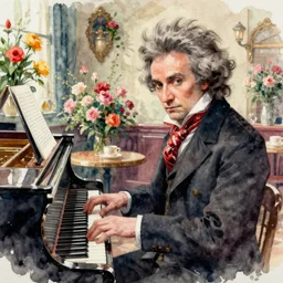 beethoven playing piano, a beautifull intricate watercolour painting of a victorian coffe house with many flowers and, reflexions, verry high details by william turner art, greg rutkowski and alphonse mucha, trending on artstation, very very detailed, masterpiece,