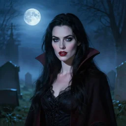 riveting charismatic brunette female vampire, portrait, atmospheric lighting, painted, intricate, highgate cemetery, mist, cold, volumetric lighting, beautiful, blue moon light, sharp focus, ultra detailed, by leesha hannigan, ross tran, thierry doizon, kai carpenter, ignacio fernandez rios