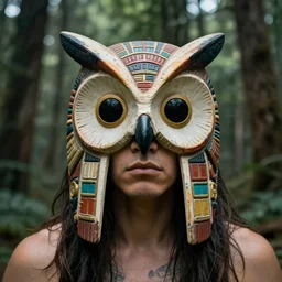 portrait, man wearing a mask, mask inspired by an owl, in a forest, aztec, by greg rutkowski
