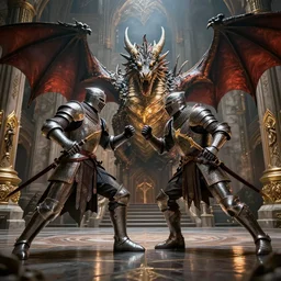 knights and dragon god of war style fight in castle, movie action scene, 8 k, lumen reflections, sharpened, insanely detailed and intricate, elegant, ornate