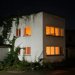 overgrown building with white walls, orange light comes from inside, night