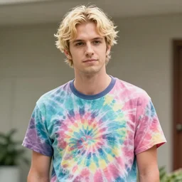 A still of Jonah Hill with blonde hair wearing tie dye in One Piece Anime Series