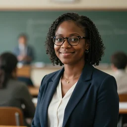 a black female teacher smirking at the camera, no glasses, photography, cinematic, bokeh