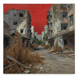 rundown streets of destroyed hong kong and overgrown with dead brown plants, debris on the floor, abandoned, sky is red, destroyed buildings, by peter elson, oil on canvas