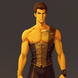 tall, lean man with short spiky brown hair. He wears fine noble clothes. His skin is a vibrant orange yellow. by craig mullins, featured on artstation