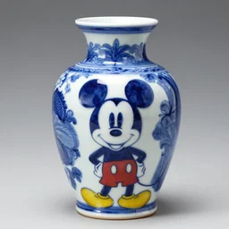 a delft blue vase with a happy mickey mouse depicted on it ; extremely detailed ; f / 1. 4, 9 0 mm