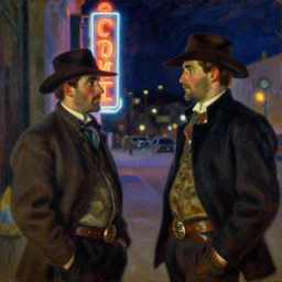 western, night, neon light, painting by gaston bussiere, craig mullins, j. c. leyendecker