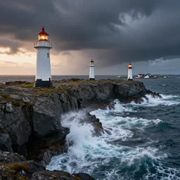 Three lighthouses on dramatic rocky cliffs, large waves hitting the cliffs, small nordic mythical town in the background, dark stormy clouds, dawn, fantasy, cinematic, dramatic lighting, photorealistic, unreal engine, artstation, detailed, 4k