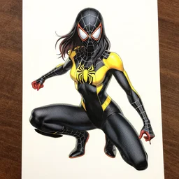 black and yellow spiderman girl costume drawn by steve ditko comic book art style, 4 k digital art