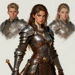 smug female warrior looking coy in medieval leather armor, trending on artstation, digital art ( by jesper ejsing ) ( by clint cearley ) ( by raluca marinescu )