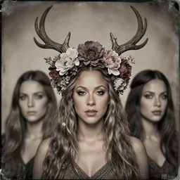 beautiful female character inspired by iceland and floral headdress mariah carey pagan wiccan viking antlers headdress full face constructionist portrait tintype | | digital artwork made by greg rutswork, anna dittmann and lois van barlee, symmetrical diffused light, anatomically correct