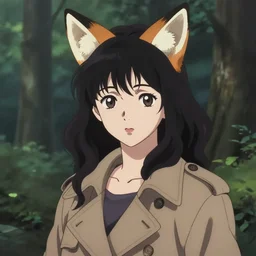illustration by shigenori soejima, by tatsuki fujimoto, by yoji shinakawa, girl with fox ears, medium wavy black hair, light brown trenchcoat, forest background, focus on face, pretty, moody lighting, painterly