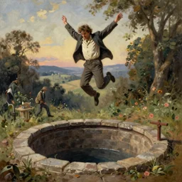 a hopeless man jumping in a well, highly detailed, oil painting, masterpiece, nature, romanticism