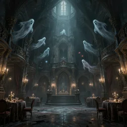 hyper realistic detailed painting of a wide angle shot from below interior view of a dark and gritty surrealist castle ball room with ghosts and spectres flying all over the place, in the style of the best artist in the world, unreal engine 5, octane rendering, 8 0 mm, reflex 9 1 0 0