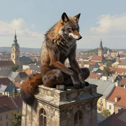 werewolf sitting highly on lviv building, panorama, portrait, highly detailed, full body, digital painting, trending on artstation, concept art, sharp focus, illustration, art by artgerm and greg rutkowski and magali villeneuve