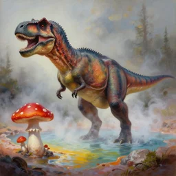 highly detailed oil painting of a mushroom tyrannosaurus rex in a steaming colorful hotspring, featured on artstation