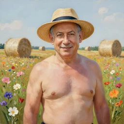 insanely detailed painting of benjamin netanyahu shirtless and wearing a strawhat in a field of flowers, straw bales in background, serene, aesthetic, elegant, nature painting, happy, cute, by robert hagan and mark keathley