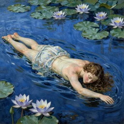 Elizabeth Siddal swims in a lake with blue water lilies, Pre-Raphaelite style, highly detailed, sharp focus